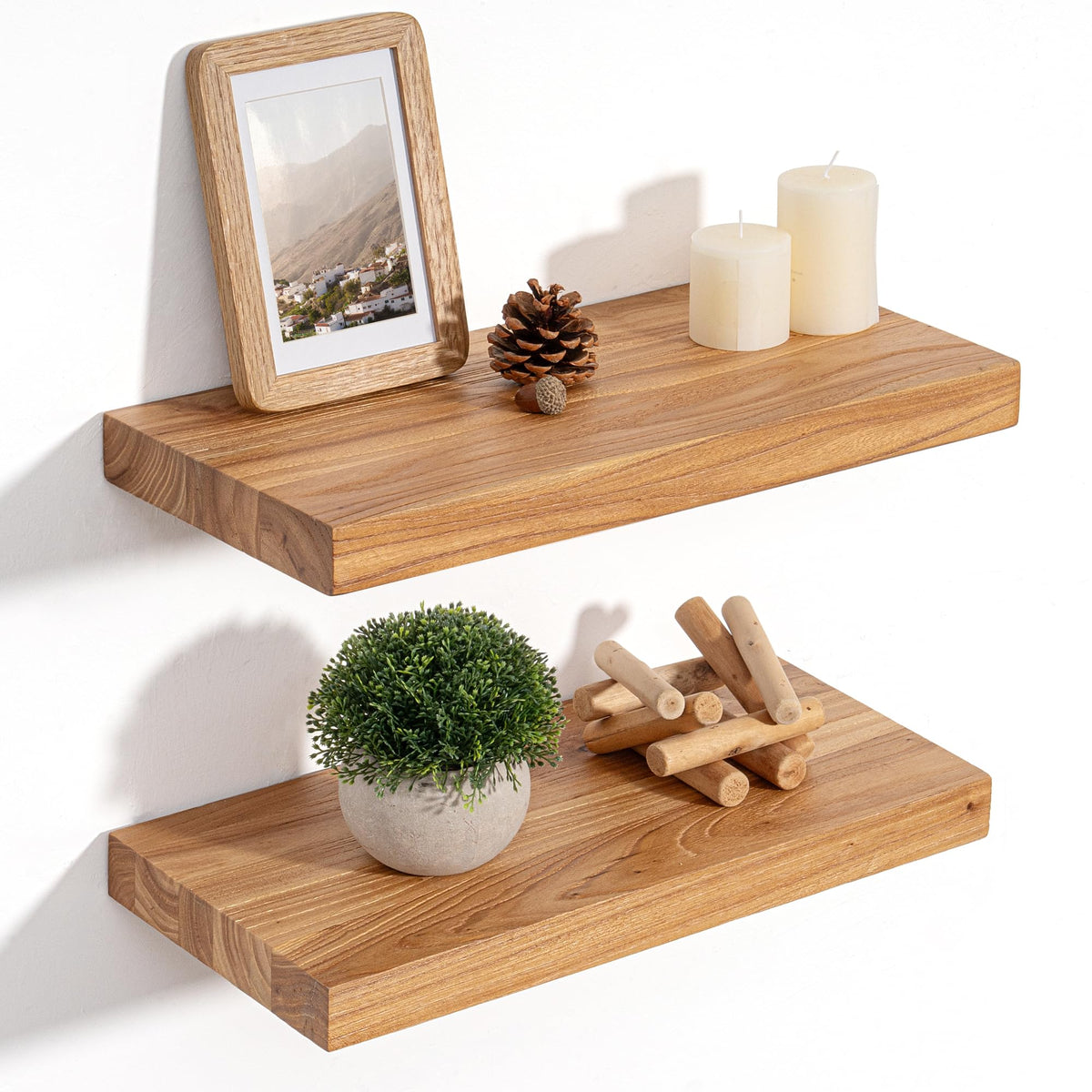 Floating Shelves for Wall, Solid Elm Wood Shelves, 24in Set of 2, Natural