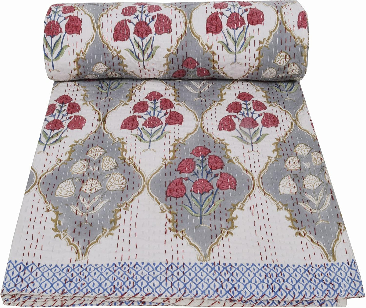 YUVANCRAFTS Indian Hand Block Print Kantha Quilt Queen Size Bedspread Blanket Cotton Bed Cover Vintage Boho Floral Print (Queen 90 X 108 Inch, White 3)