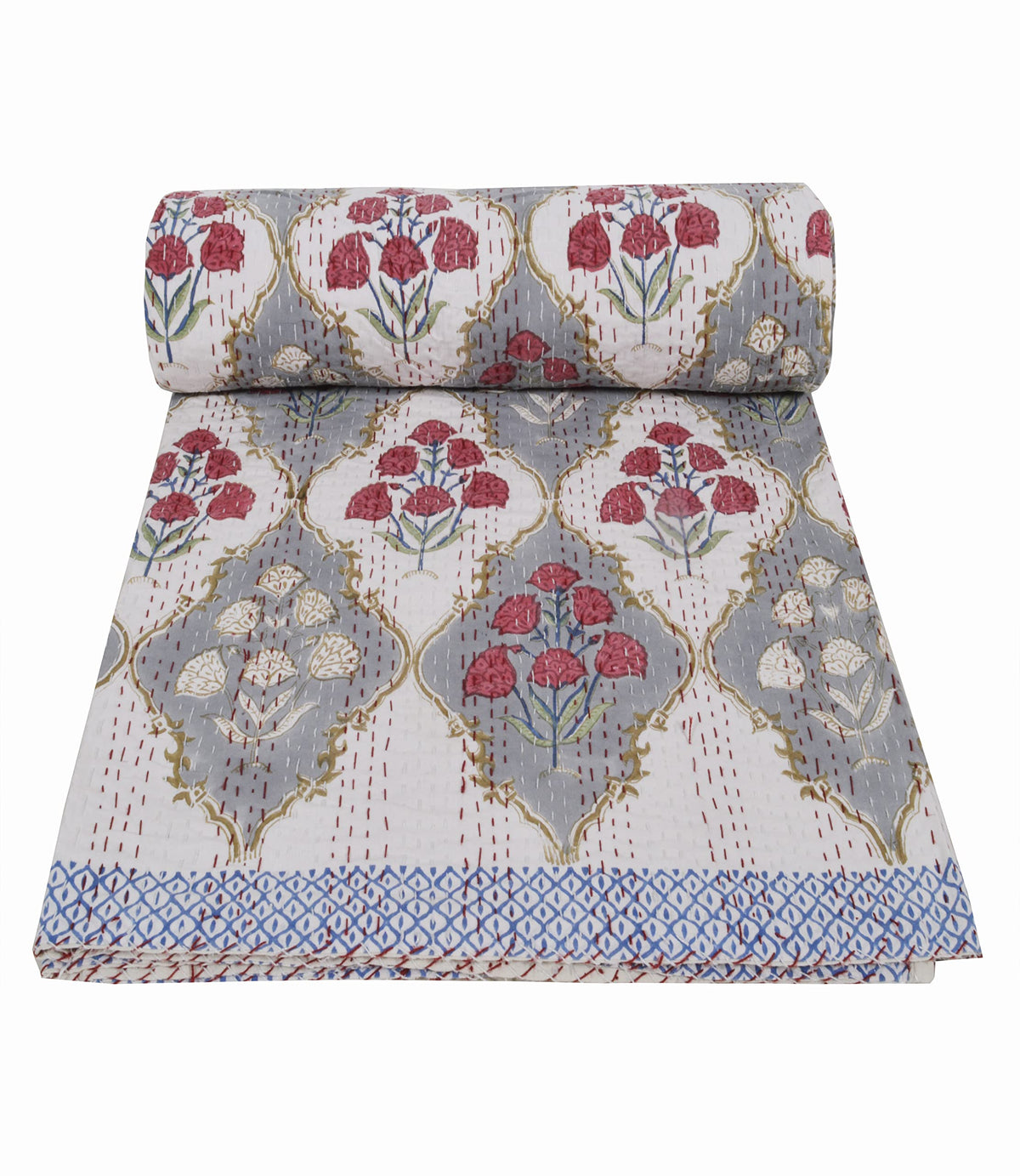 YUVANCRAFTS Indian Block Print Quilt Queen Kantha Quilts Kantha Throw Kantha Bedspread Blanket Cotton Bed Cover Vintage Quilt Boho Kantha Quilts Queen Size Quilt Blanket (Queen 90 X 108 Inch, White 4)