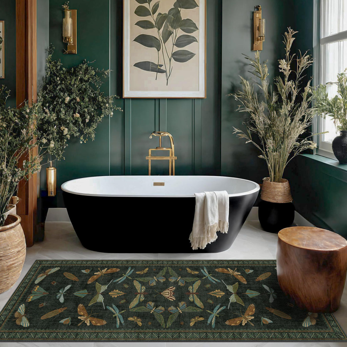 Hazo Haus Dark Green Insect Area Rugs 8x10 for Living Room, Dining Room Under Table, Bedroom, Unique Washable Floral Non Slip Low Pile Soft Rug