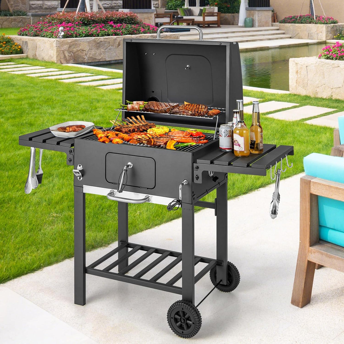 Giantex Charcoal Grill 24 inch, BBQ Grill with 2 Foldable Side Table, Adjustable Charcoal Tray, Pull-out Ash Tray, Heavy Duty Barbecue Grill with Wheels for Outdoor Cooking Camping Backyard Party