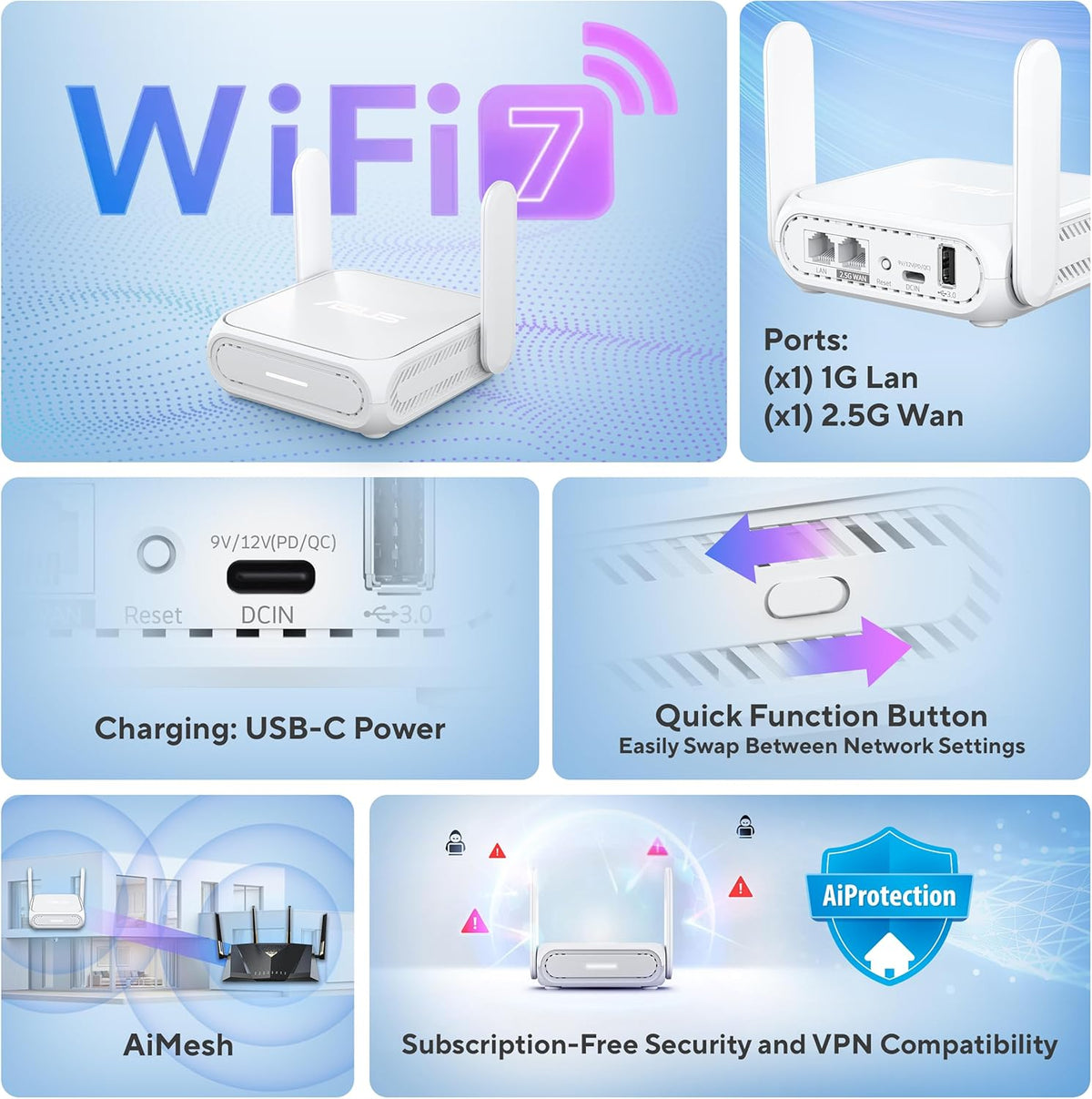 ASUS RT-BE58 Go Travel Router WiFi 7 Dual-Band, 3.6Gbps, Secure Public WiFi