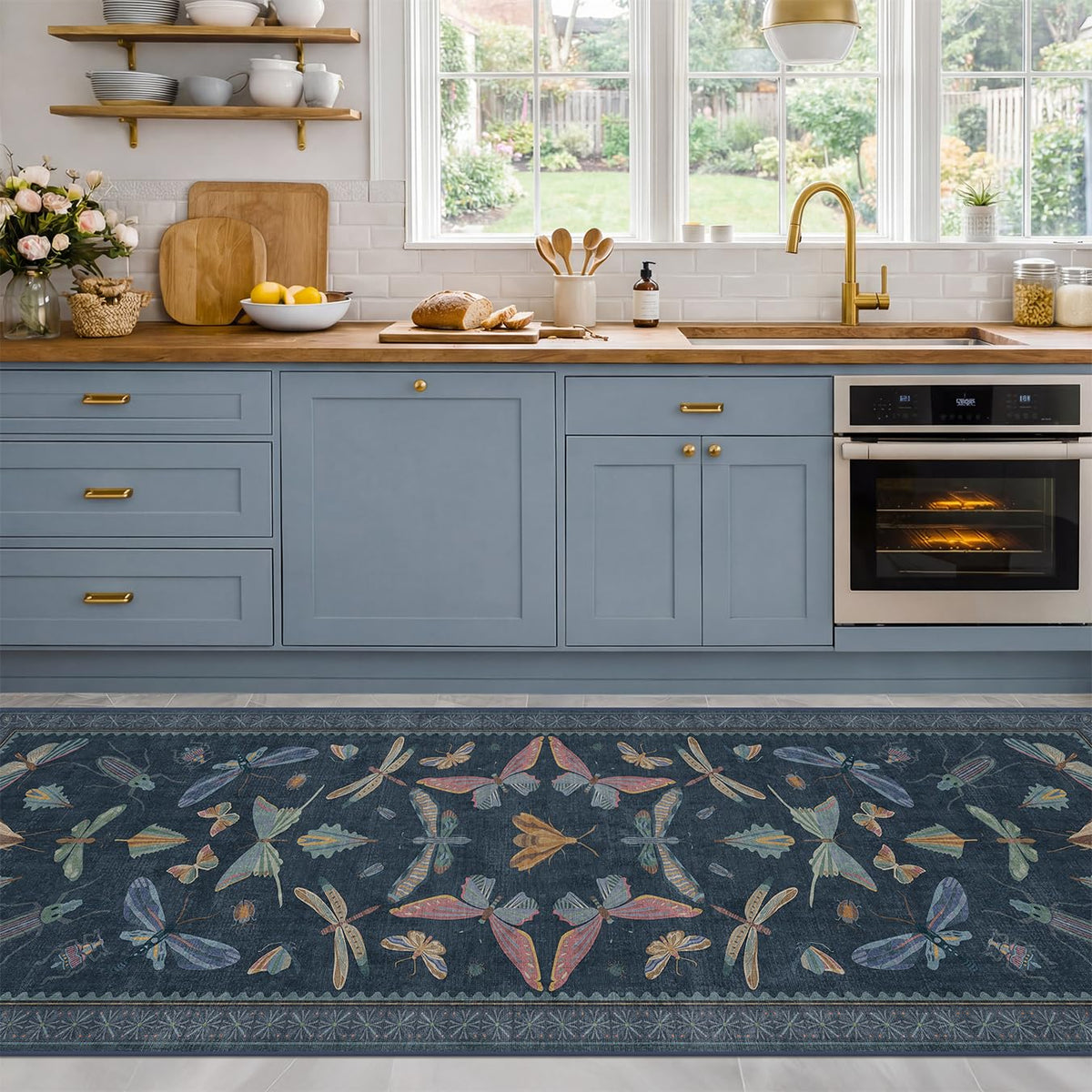 Hazo Haus Dark Green Insect Area Rugs 8x10 for Living Room, Dining Room Under Table, Bedroom, Unique Washable Floral Non Slip Low Pile Soft Rug