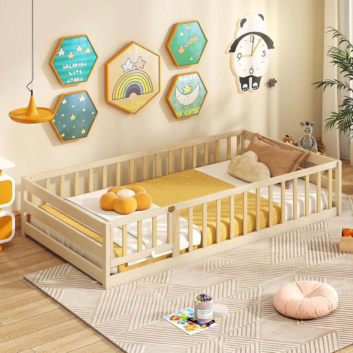 Giantex Twin Floor Bed with Fence for Kids, Wooden Montessori Bed Frame with Lockable Door & Guardrails, Low Floor Beds for Kids, Boys, Girls, No Box Spring Needed, Without Wood Slats, Natural