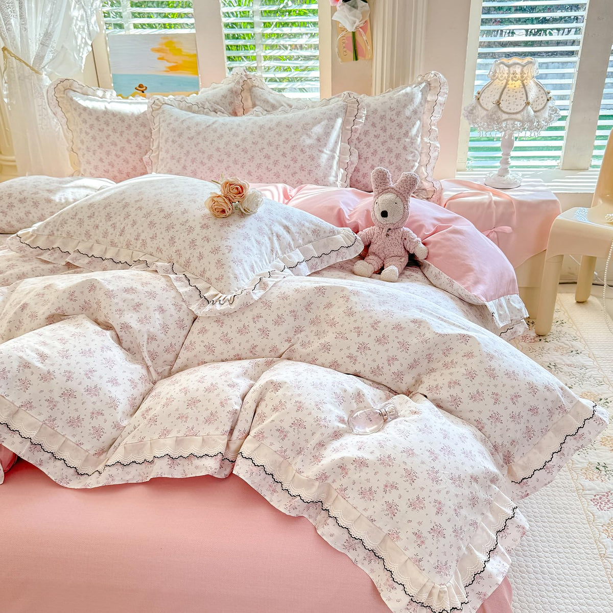 LifeTB Green Floral 100% Jersey Knit Cotton Duvet Cover Queen Vintage Style Botanical Floral Bedding Set Chic Shabby Green Floral Comforter Cover Girl Women Flower Bedding Cover with 2 Pillowcases