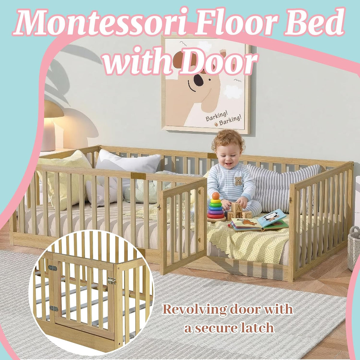 Twin Montessori Floor Bed with High Rails, Door & Slats for Kids, Natural