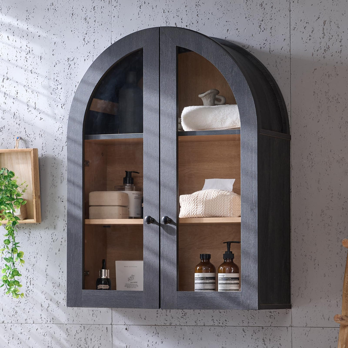 Bathroom Arched Wall Cabinet Over The Toilet Storage Cabinet, 23.5×31.4 Inch bathroom cabinet wall mount with Glass Doors & Adjustable Shelves, Wood Cabinet for Laundry Room, Kitchen, Brown/Natural