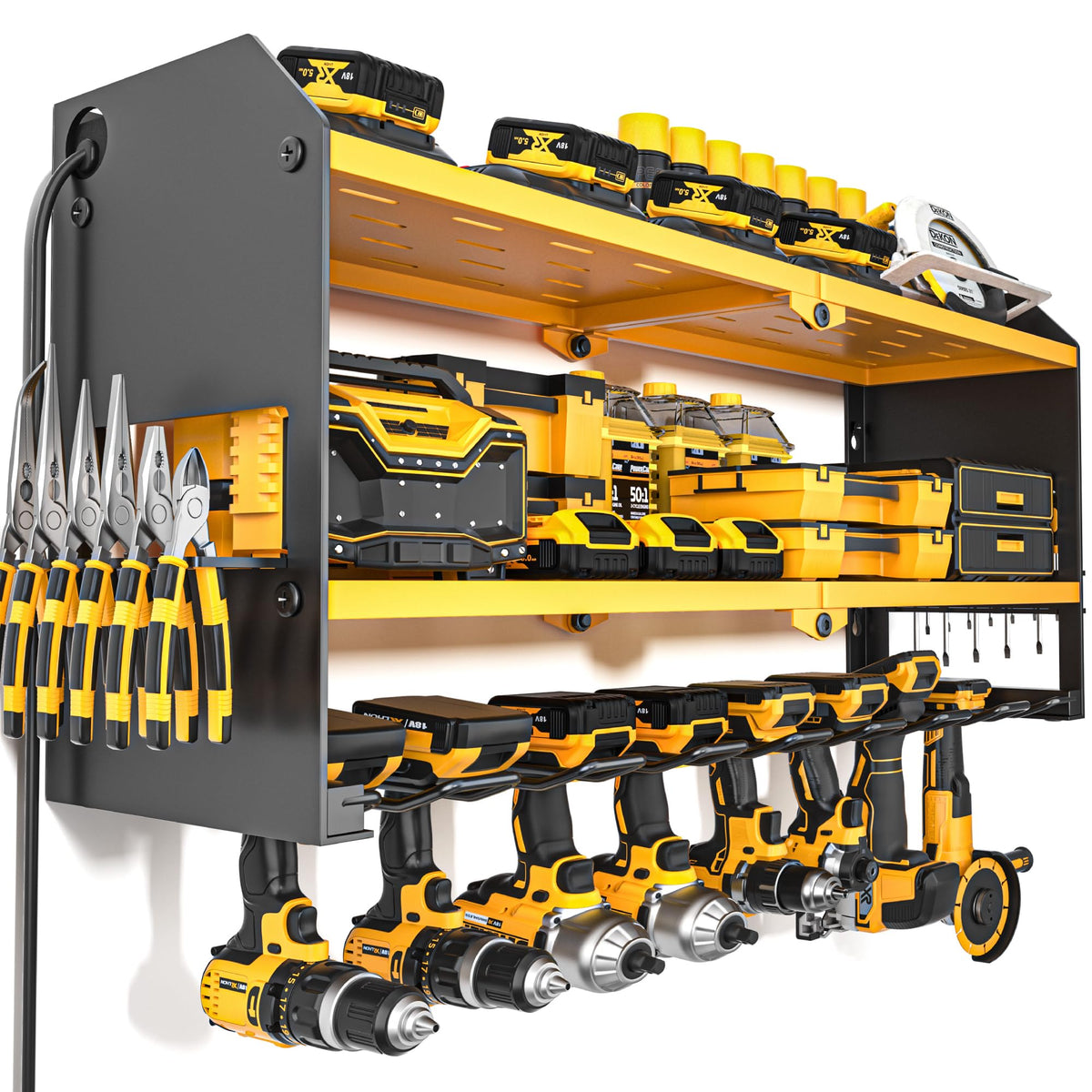 YYR Power Tool Organizer with Charging Station Wall Mount, Cordless Drill and Battery Holder for Garage Organization, Electric Tools Storage Rack Build in Surge Protection Power Strip - Red Shelf