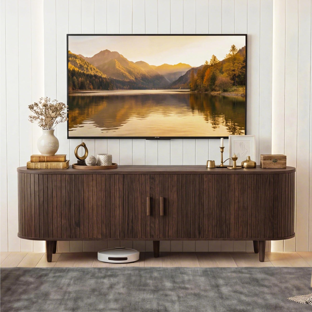 MXV 58" Mid-Century Modern TV Stand with Sliding Doors, TV Consoles with Power Outlet, Fluted Entertainment Center with Adjustable Shelves for Living Room