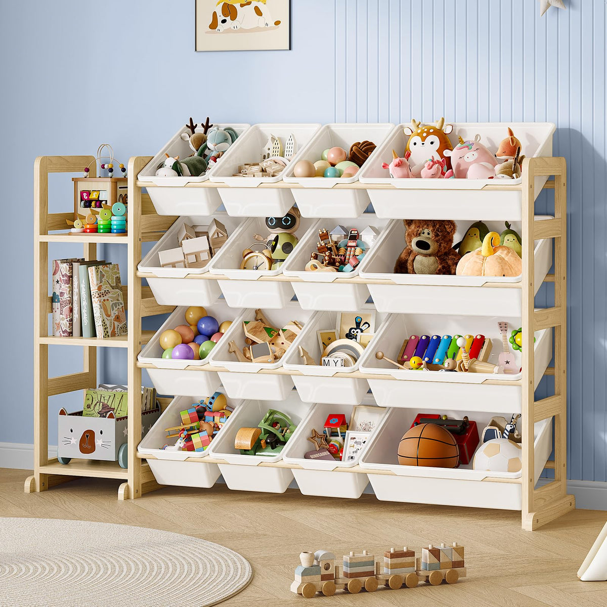 Toy Storage Organizer - Toy Organizers and Storage with Bookshelf, Toy Storage Shelf with 3 Shelves and 12 Storage Bins, Kids Bookshelf and Toy Storage for Kids Room, Playroom, Bedroom, Nursery, White