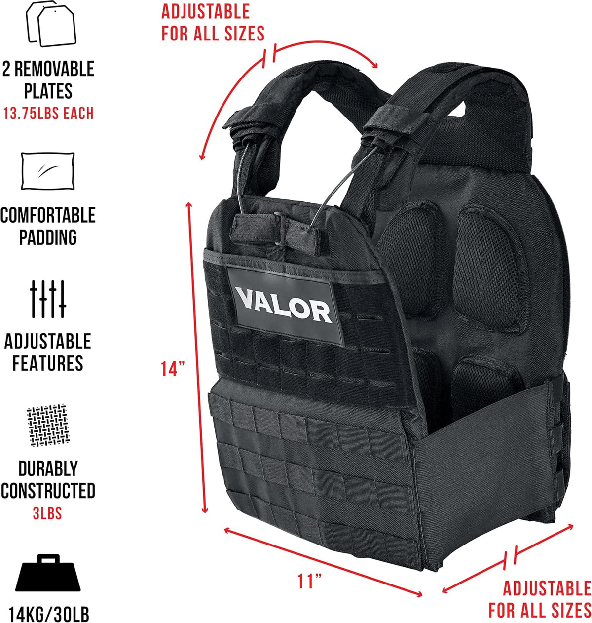Valor Fitness Weighted Training Vest with Weight Plates - Adjustable Shoulder Pads - 14, 20 or 30 lbs - Endurance Strength Cross Training Rucking Running -WV Series
