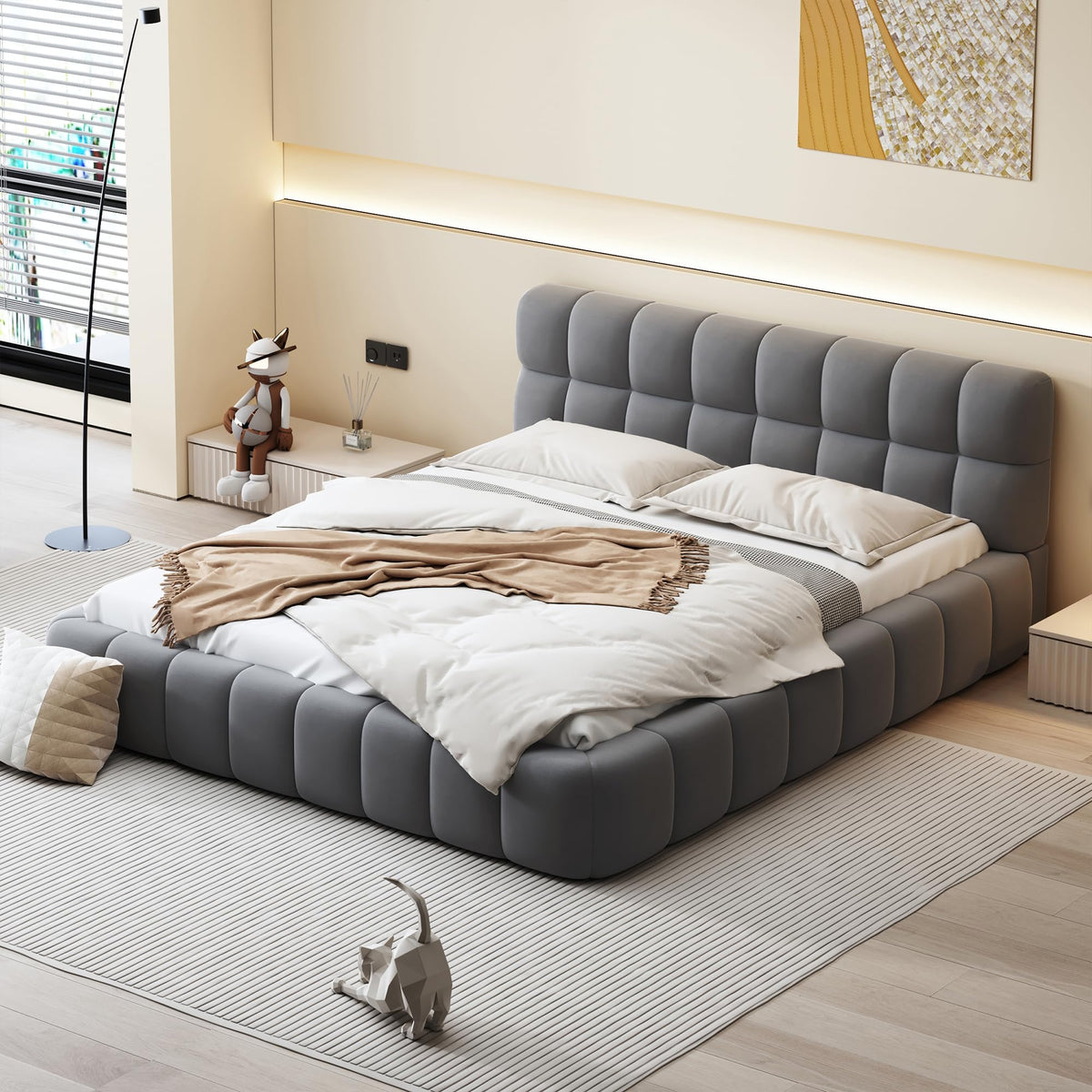 Grounded Bed Upholstered Platform Bed with Unique Design Thick Fabric Headboard, Wood Platform Bed Frame for Kids Adults Bedroom Furniture, Upholstered Floor Bed (Beige-1, King)