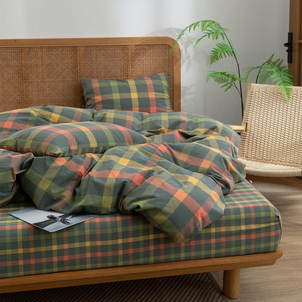 Plaid Duvet Cover Set Washed Cotton,Queen(90"x90"),Multicolor Gingham