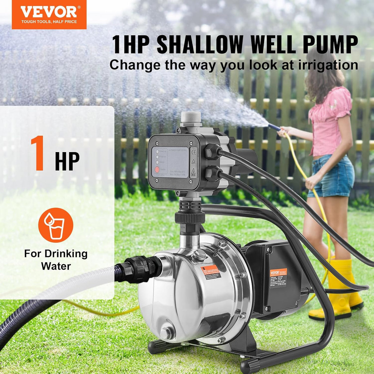 VEVOR 1HP Shallow Well Pump Portable, 1380 GPH Garden Jet Pump with Automatic Controller, 145 ft Head Stainless Steel Sprinkler Booster Pumps, for Garden Lawn Irrigation System, Water Transfer