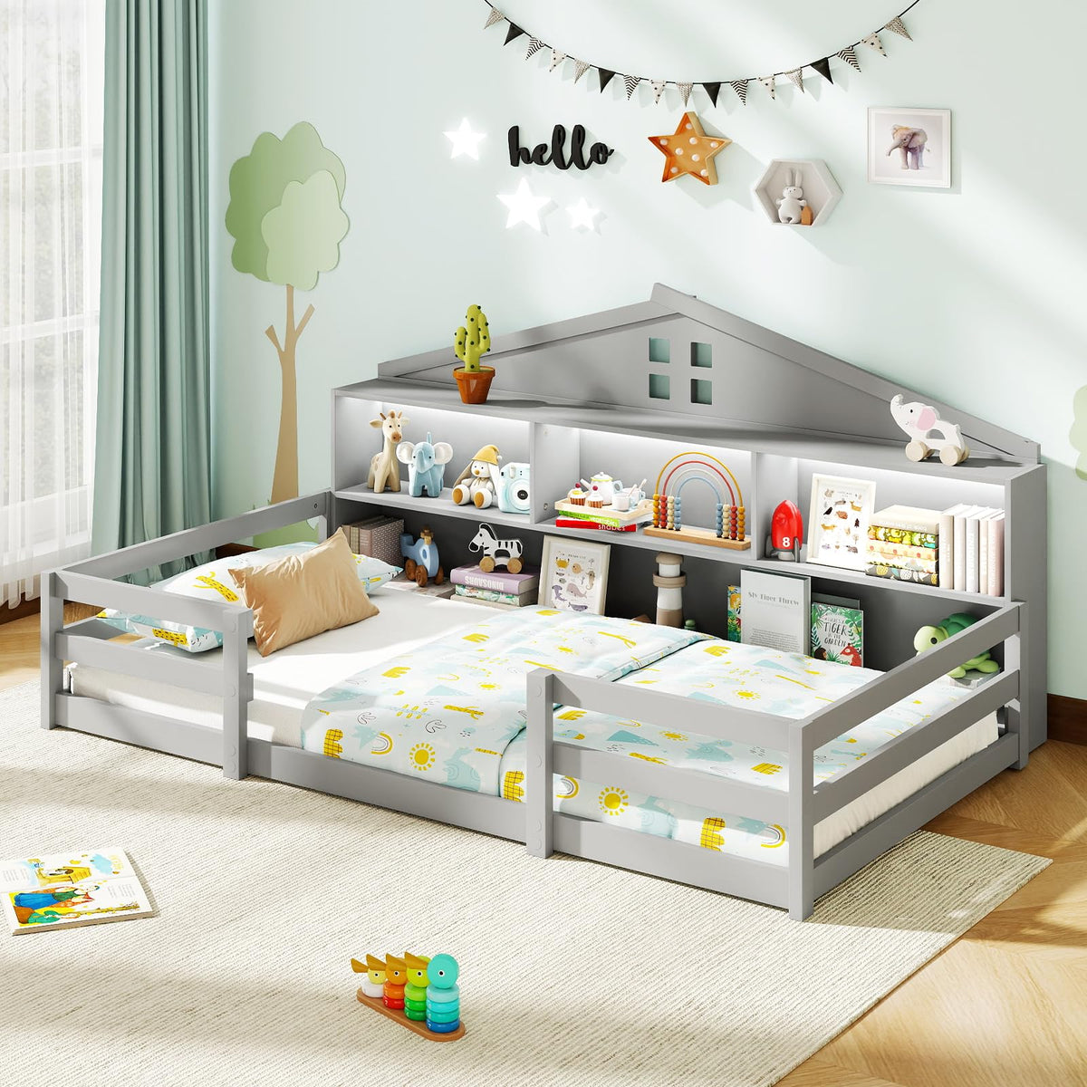 GIANTEX Twin Floor Bed with Fence for Kids, Wooden Montessori Bed Frame with Lockable Door & Guardrails, Low Floor Beds for Kids, Boys, Girls, No Box Spring Needed, Without Wood Slats, White