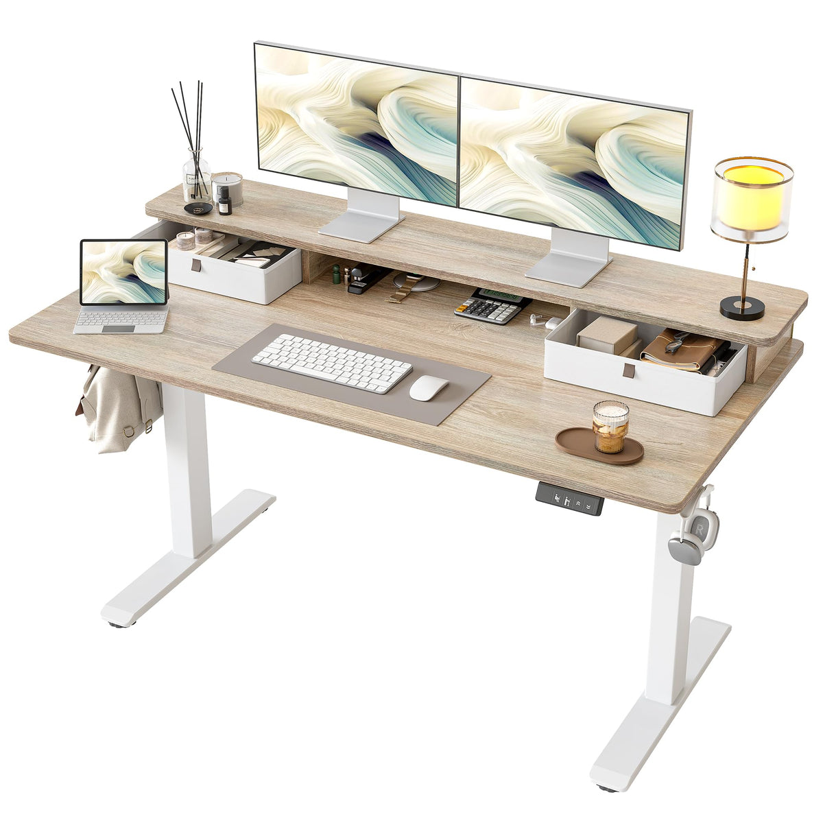 TIQLAB Standing Desk with Two Drawers, Stand Up Standing Desk Adjustable Height, Electric Sit Stand Table with Storage Shelf and Splice Board, with LED Light, 55 * 28 inch, Maple