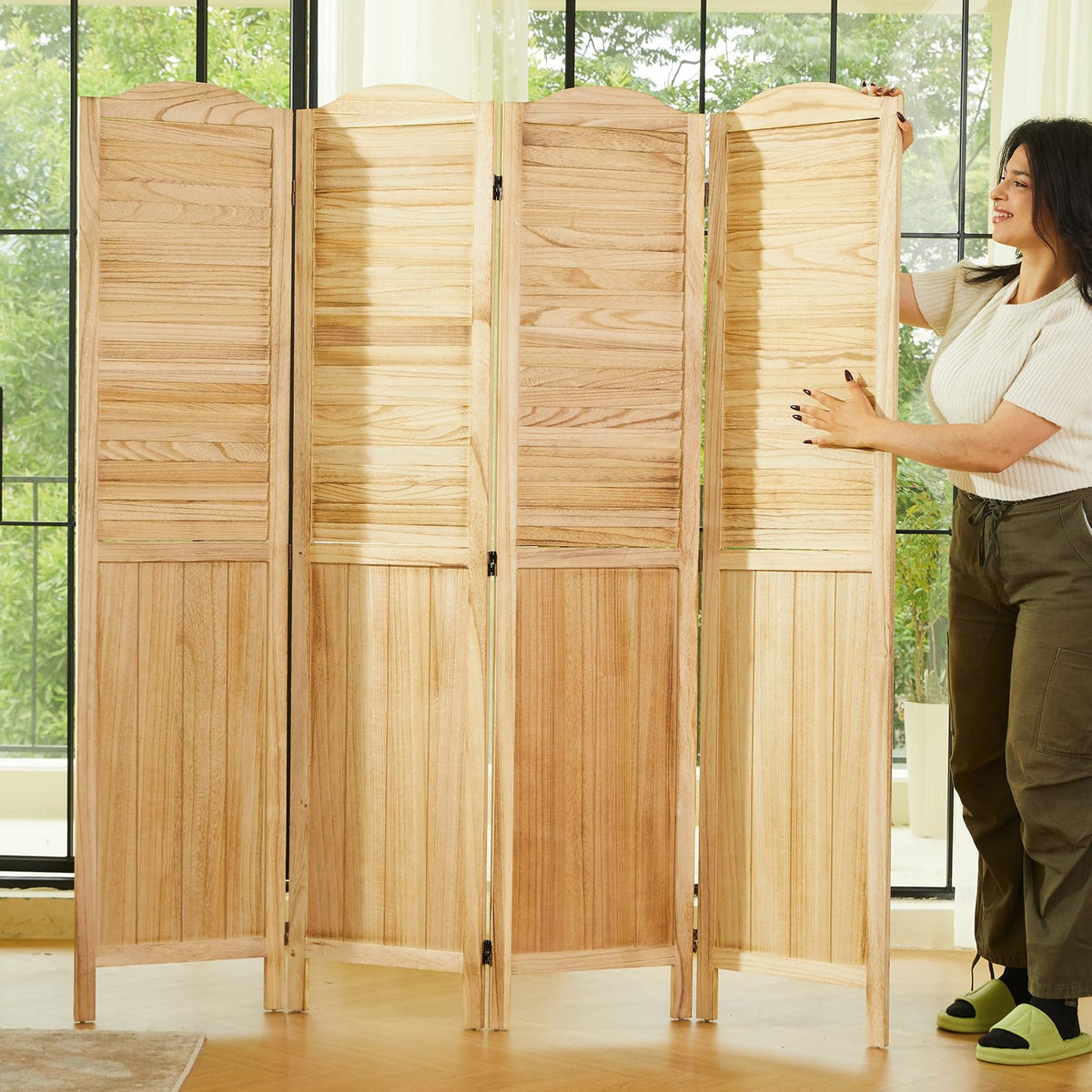 Room Dividers and Folding Privacy Screens, Wood Louvered Separators Divider Wall for Home Office Bedroom - 4 Panels, 67 * 60inch (White-Washed)