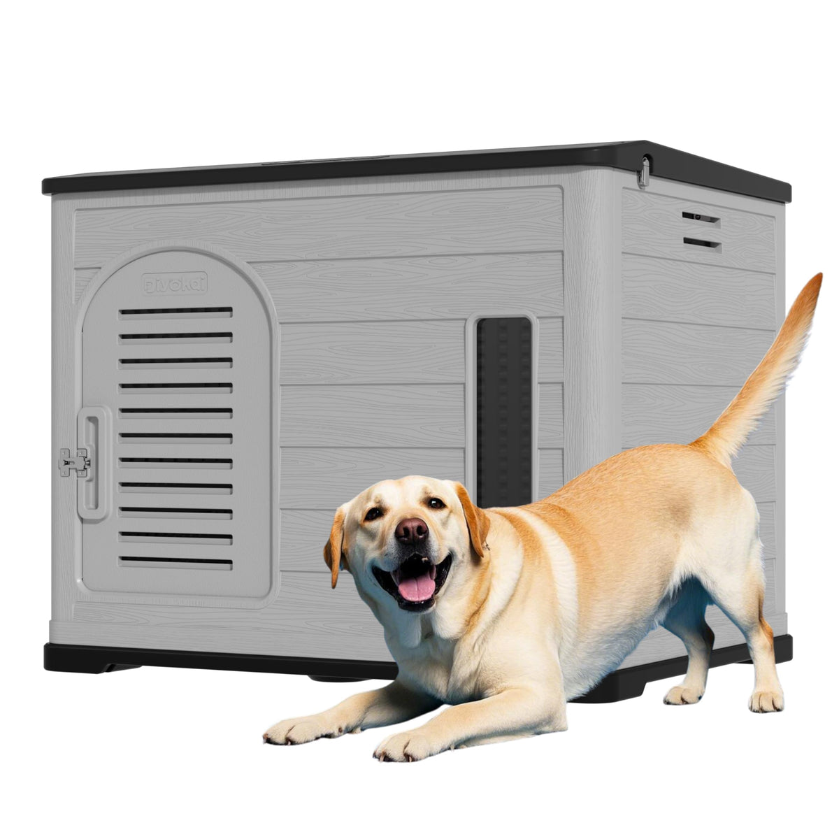 XLarge Durable Plastic Dog House for Big Dogs - Indoor Outdoor Double-Layer Insulated Doghouse with Open-Top Cover, Lockable SlidingDoor, Elevated Floor (46''L*38''W*39''H)