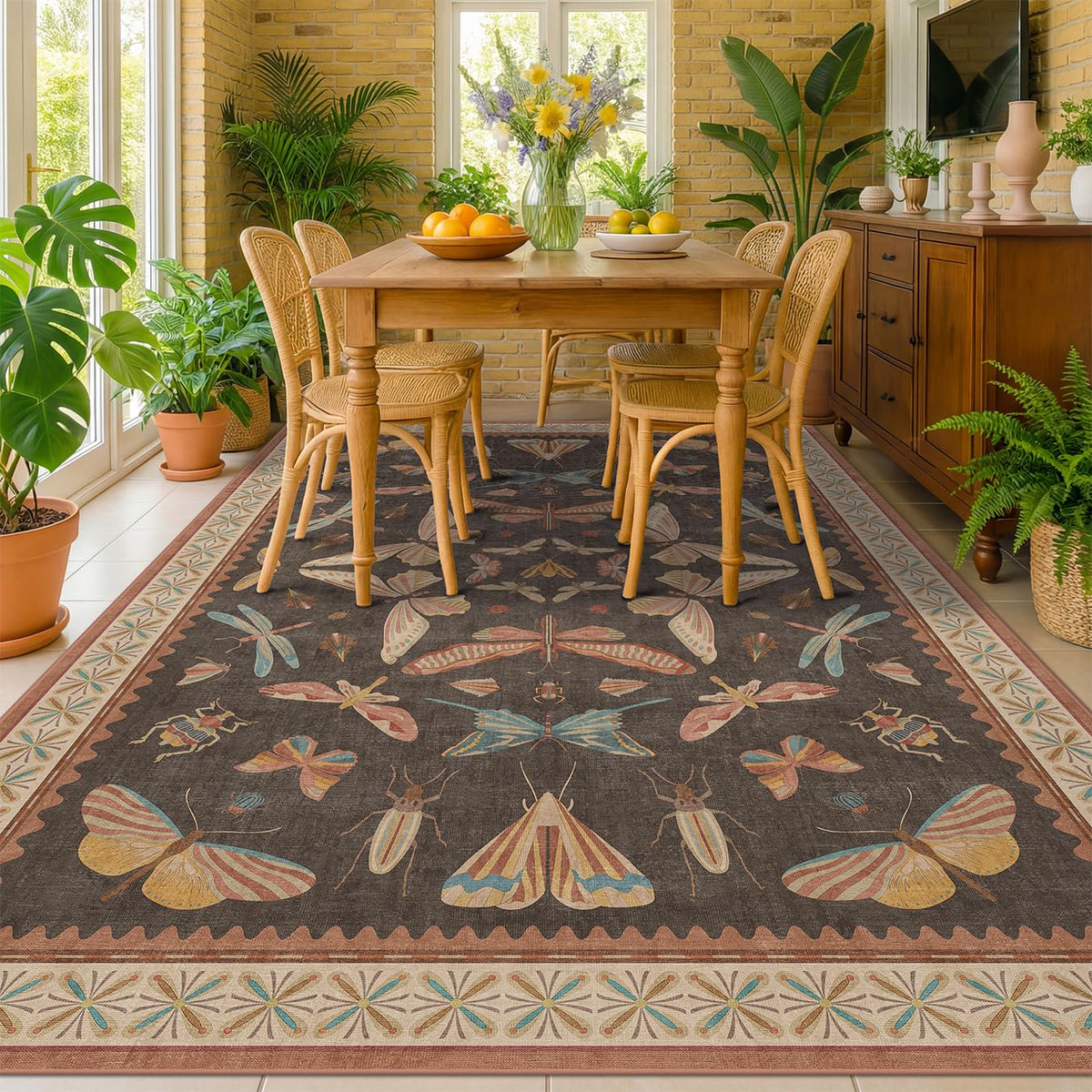 Hazo Haus Dark Green Insect Area Rugs 8x10 for Living Room, Dining Room Under Table, Bedroom, Unique Washable Floral Non Slip Low Pile Soft Rug