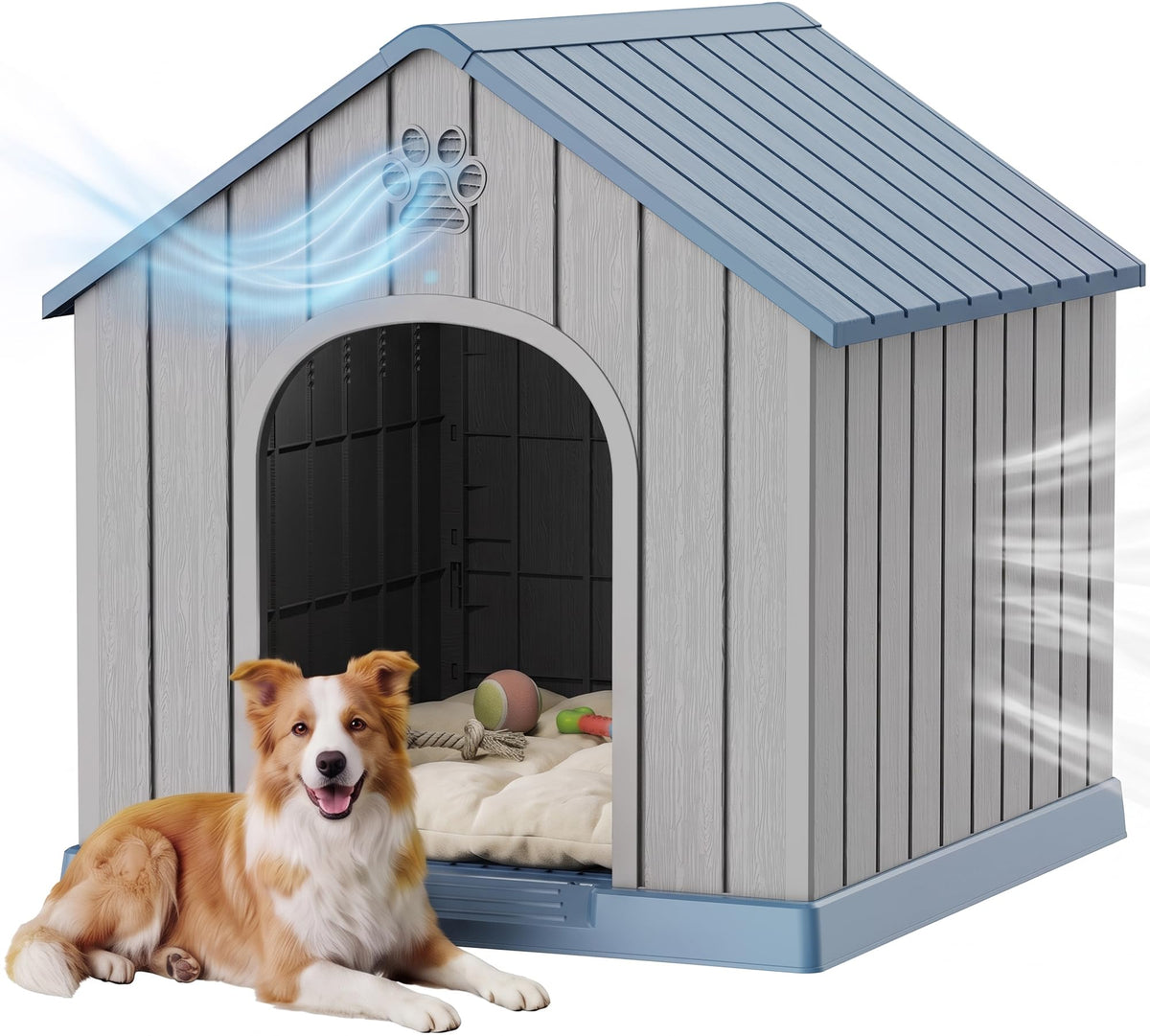 35 Inch Dog House Outdoor with Windows,Indoor/Outdoor,Blue