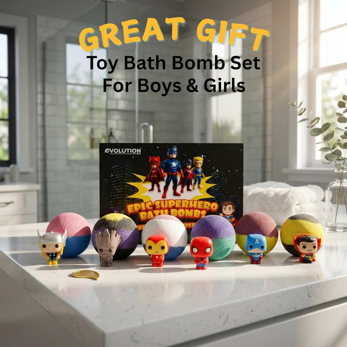 EvolutionUSA Black Epic Superhero Bath Bombs for Kids, 6 Super Hero Bath Bombs with Toy Inside Bathbombs, Organic Bathbomb with Surprise Inside, Bath Balls, Fizzy Superhero Bath Ball