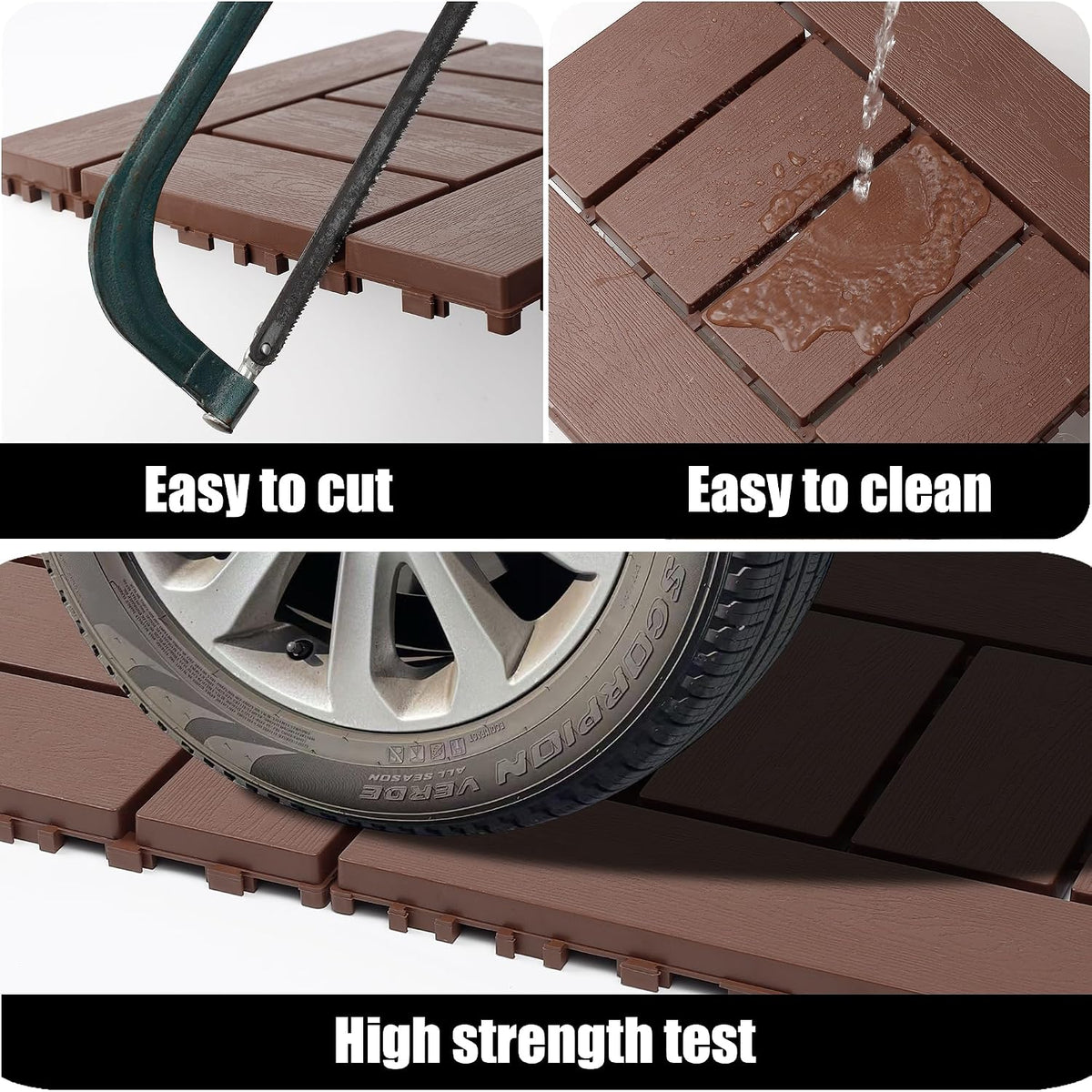 Deck Tiles for Outdoor, Plastic Outdoor Flooring Tiles, Kitchen Non Slip Polypropylene DIY Interlocking Flooring Tile Waterproof for Balcony/Patio, 44 Pcs, 12"x12" Square, All Weather Use, Brown