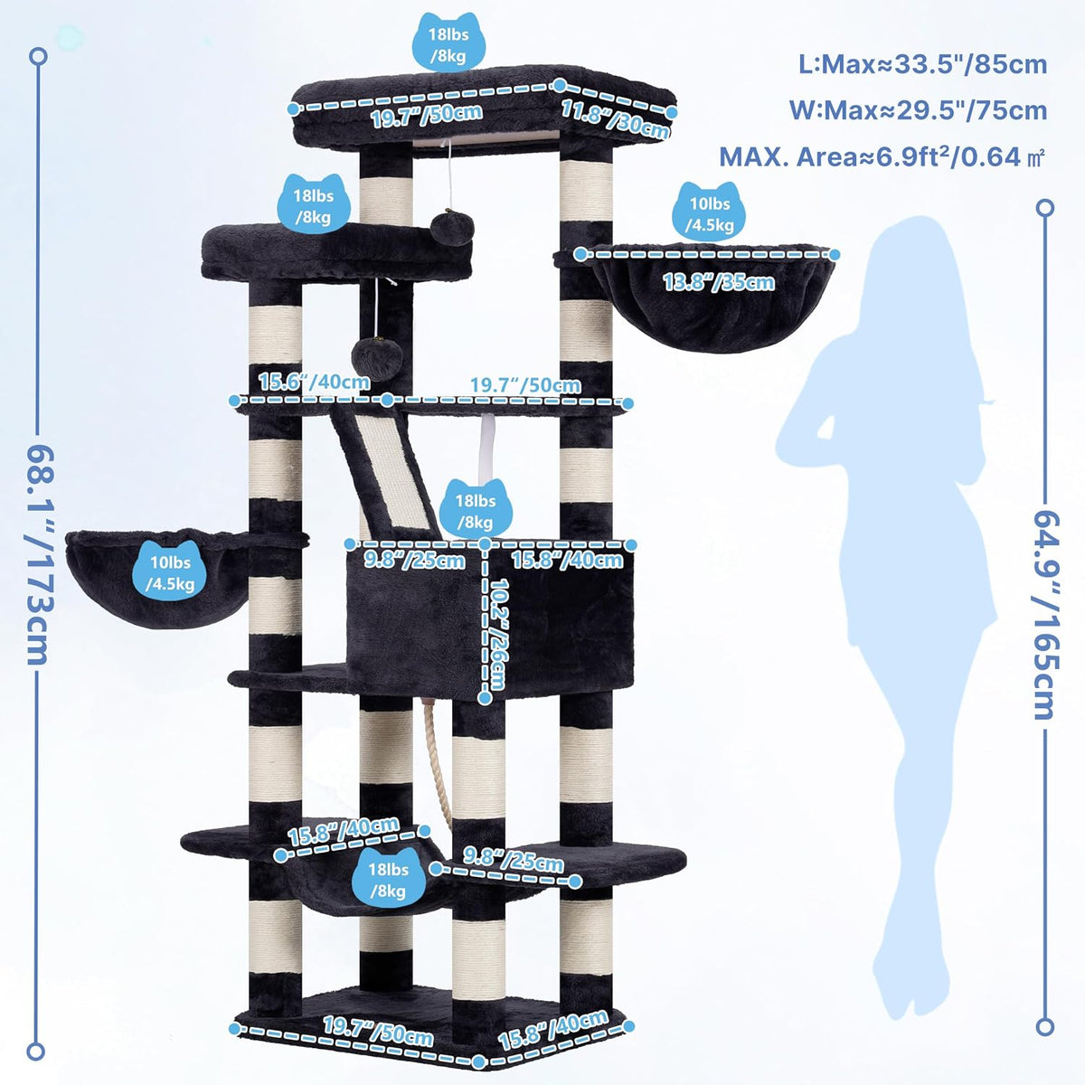 Heybly Cat Tree, 68 inch Multi-Level Cat Tower for Indoor Cats HCT025G