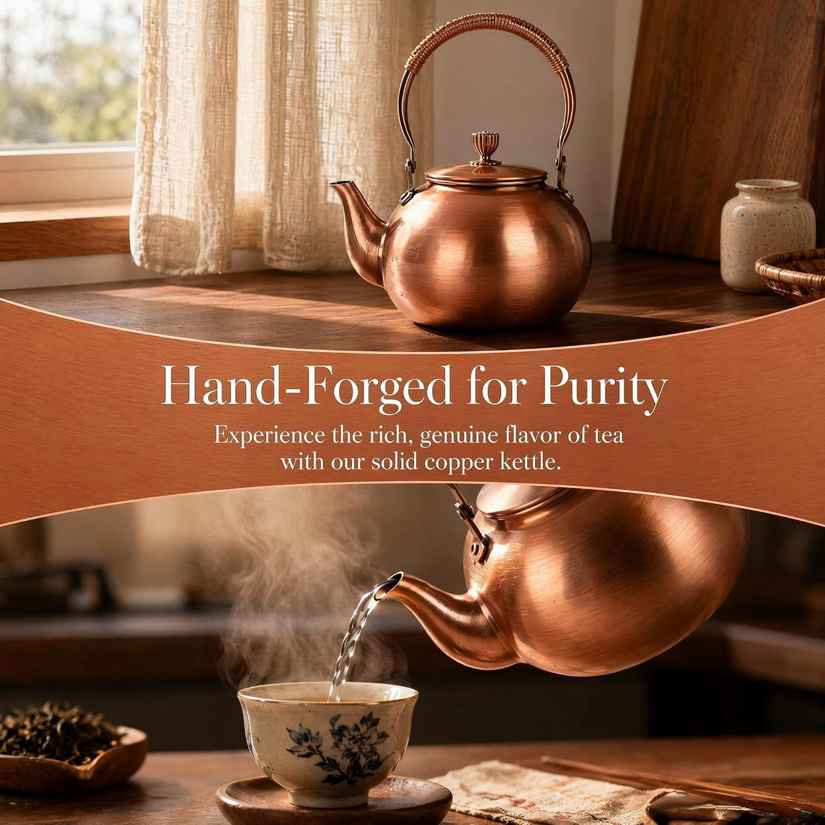 Handmade Copper Kettle 1200ML, Copper Stovetop Tea Kettle, Handmade Solid Copper Teapot with Stay-Cool Grip, Fast Boiling Gas Stove for Tea Ceremony Home Kitchen Use (1.1L-B)