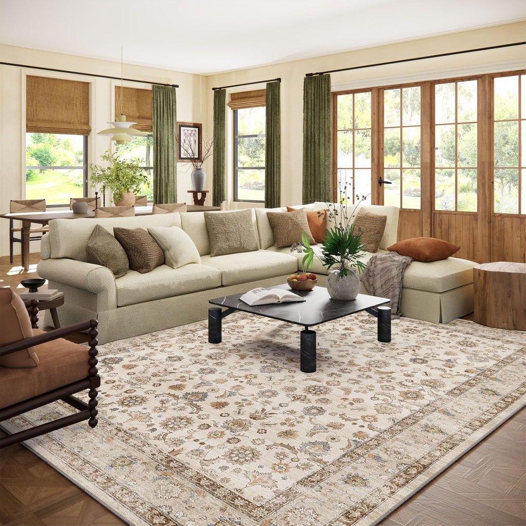 Washable Area Rugs for Living Room: 9x12 Bedroom Rug Boho Vintage Area Rug Stain Resistant Non Slip Low Pile Lightweight Soft Carpets for Dining Room Kitchen Nursery Kids Room Playroom Home Office