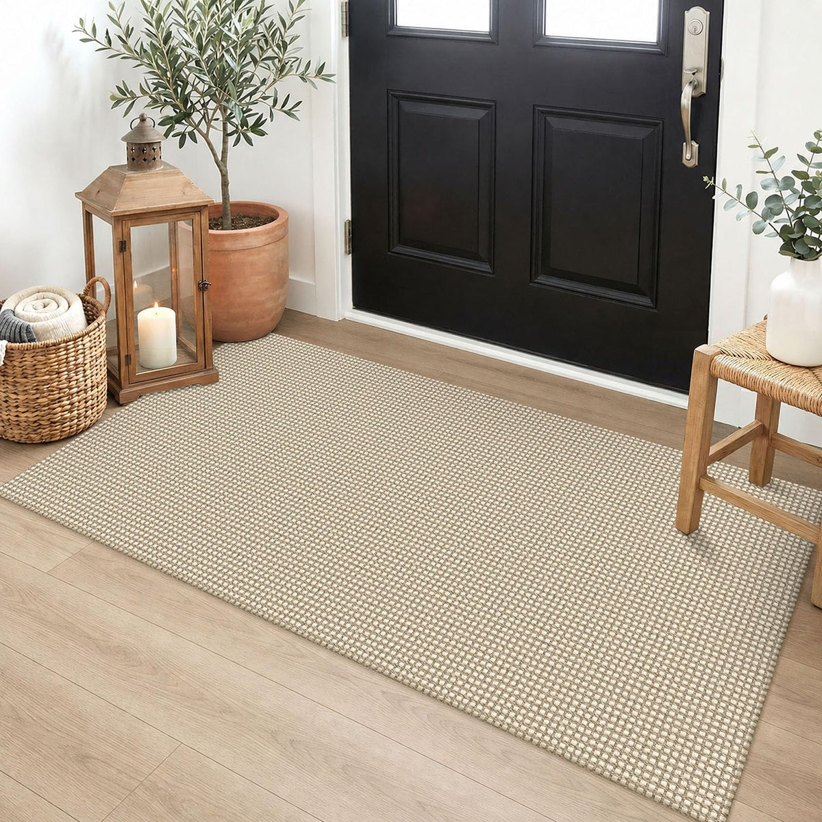EARTHALL Woven Area Rugs 6x9 Ft Washable Living Room Rugs Non Slip Rubber Backed Dining Room Rug Braided Bedroom Rugs Indoor Floor Carpet for Living Room, Bedroom, Dining Room, Beige/Ivory