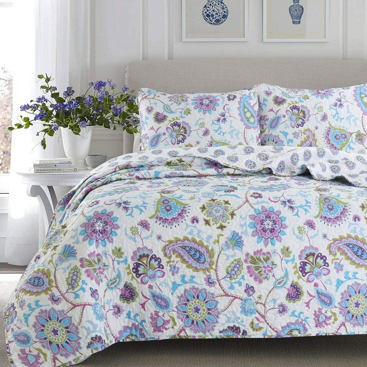 Cozy Line Home Fashions Light Pink Blue Flower Bloom Floral Garden Reversible Quilt Bedding Set, Coverlet Bedspread Lightweight for All Seasons (Carlotta, King - 6 Piece)