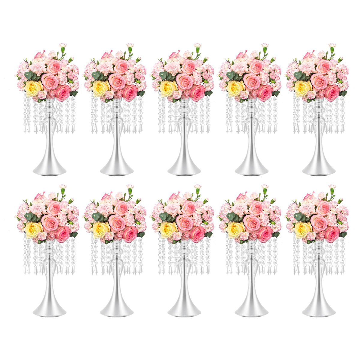 Wedding Centerpieces Silver Vases,10PCS Metal Flower Candle Holder with Sparkling Crystal Beads,Crystal Flower Vase Metal Flowers Stand for Party Tables Decorations (10PCS-Sliver-3)
