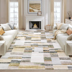 Modern Washable 8x10 Area Rug - Soft, Non-Slip, Stain Resistant, Farmhouse Tartan Plaid for Living Room, Bedroom, Nursery, Office - Beige