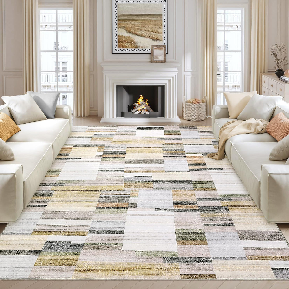 Modern Washable 8x10 Area Rug - Soft, Non-Slip, Stain Resistant, Farmhouse Tartan Plaid for Living Room, Bedroom, Nursery, Office - Beige