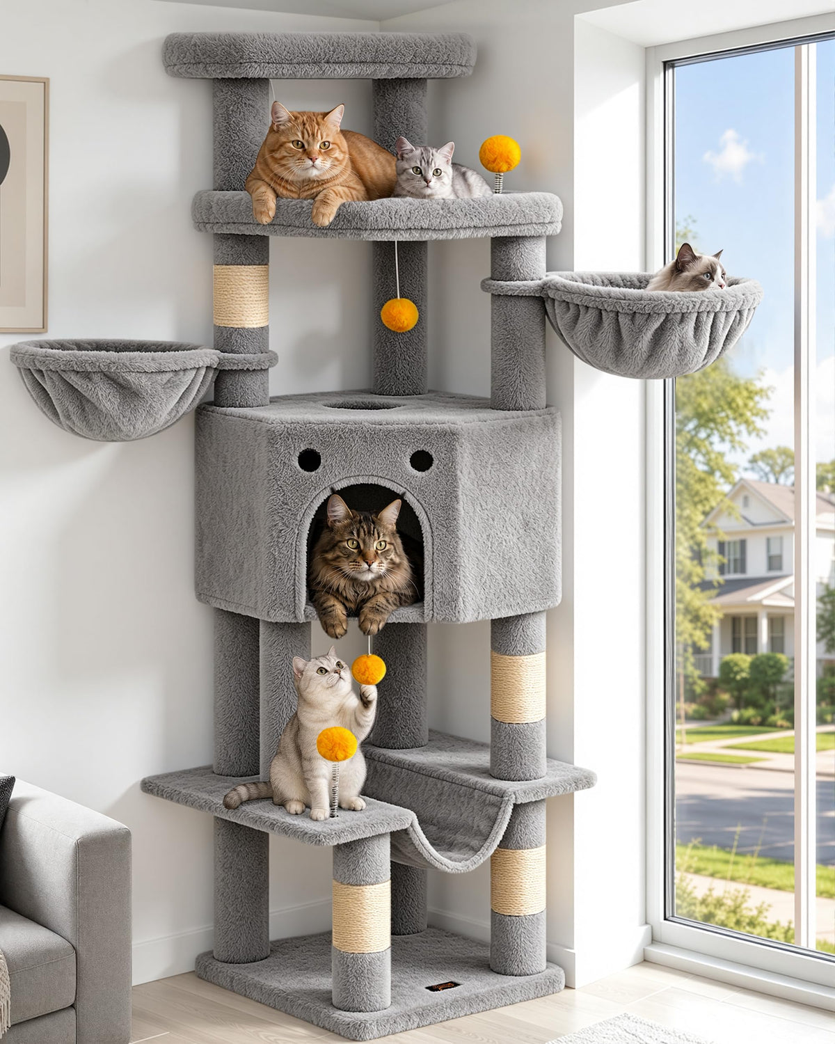 Cat Tree Tower for Indoor Large Adult Cats, 73in Tall Heavy Duty with Perch
