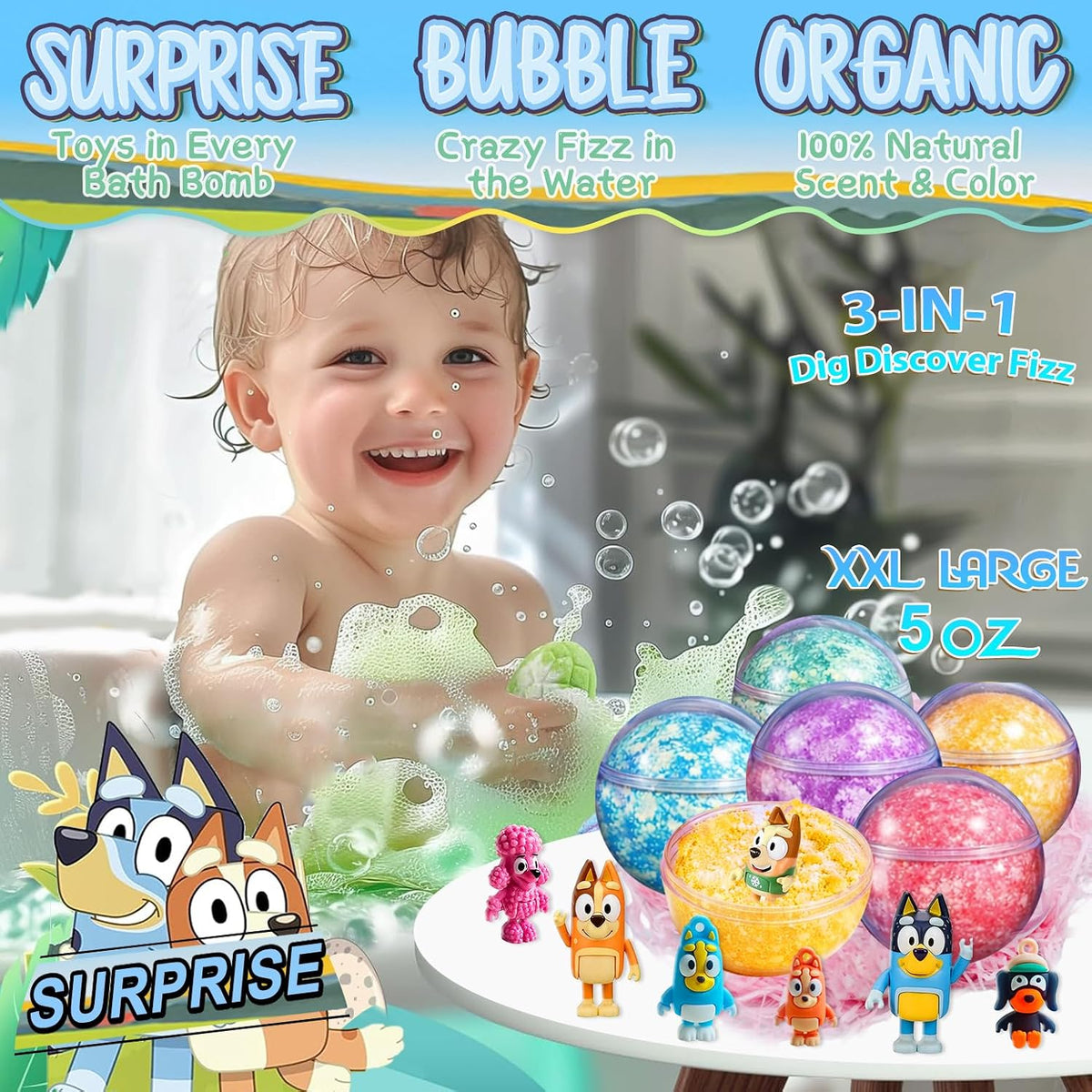 Bath Bombs for Kids: XXL Bath Bombs with Surprise Inside, Organic Bath Bombs Rich in Natural Essential Oils, Kids Bath Gift Set for Dry Skin Moisturize, Summer Party Favors for Kids (6 Pcs)