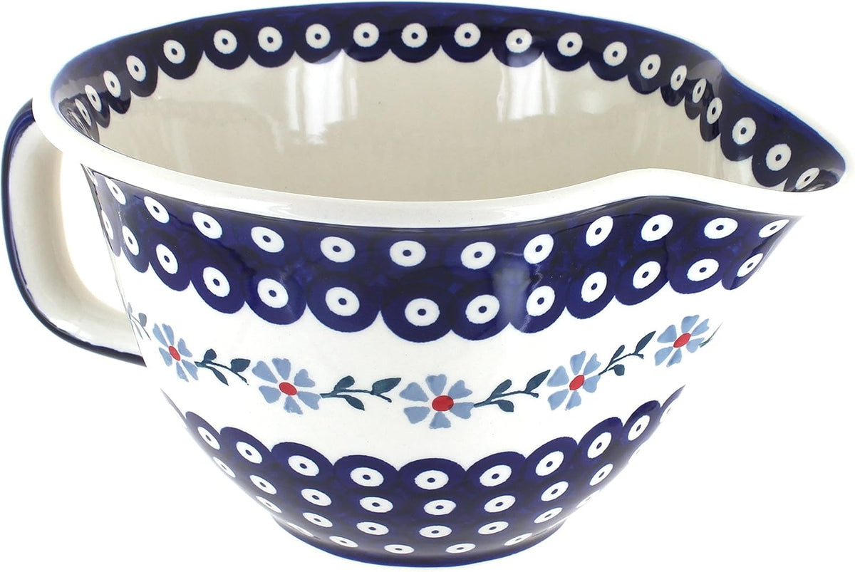 Blue Rose Polish Pottery - Blue Tulip Batter Bowl - 10 Cup Capacity - Hand-Painted Ceramic Mixing & Pouring Bowl with Handle and Spout