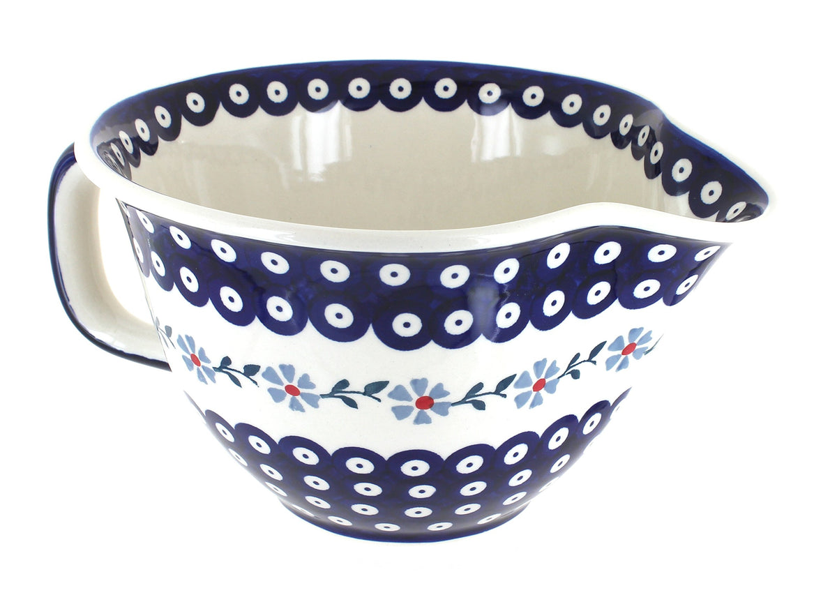 Blue Rose Polish Pottery - Blue Tulip Batter Bowl - 10 Cup Capacity - Hand-Painted Ceramic Mixing & Pouring Bowl with Handle and Spout