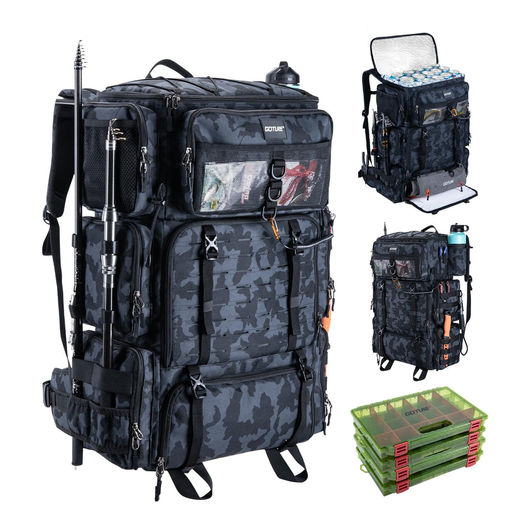 Goture 72L Fishing Tackle Backpack with Cooler & 4 3700 Tackle Boxes