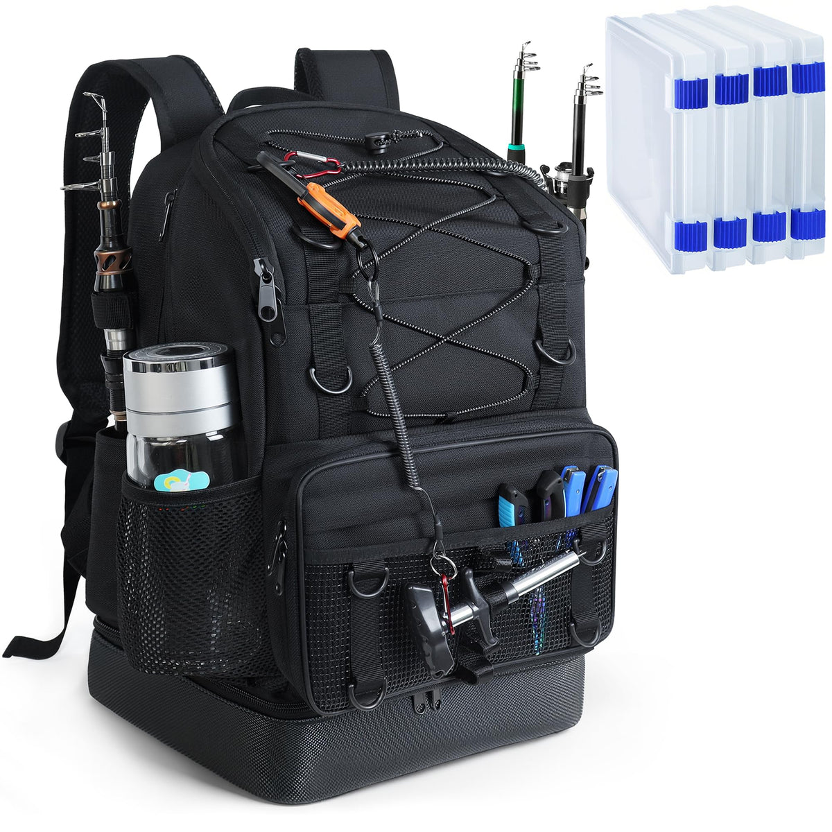 Fishing Backpack with Rod Holder, Heavy Duty Fishing Bag with Waterproof Bottom, Tackle Backpack Gifts for Man Woman-Black