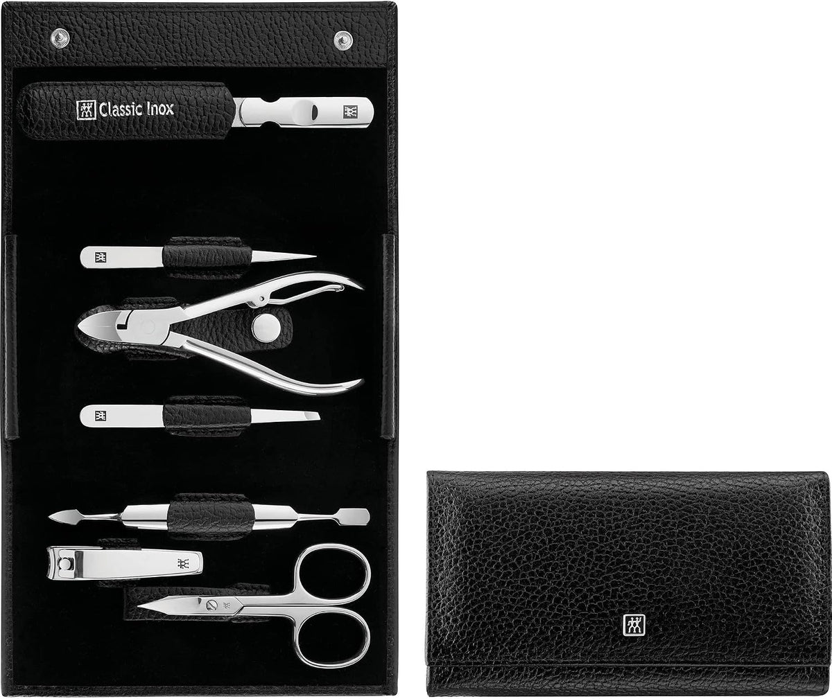 ZWILLING Beauty Classic INOX Manicure and Pedicure Nappa Leather Case with Snap Closure, Nail Care Kit, 7-Piece, Premium Travel Nail Kit, Black