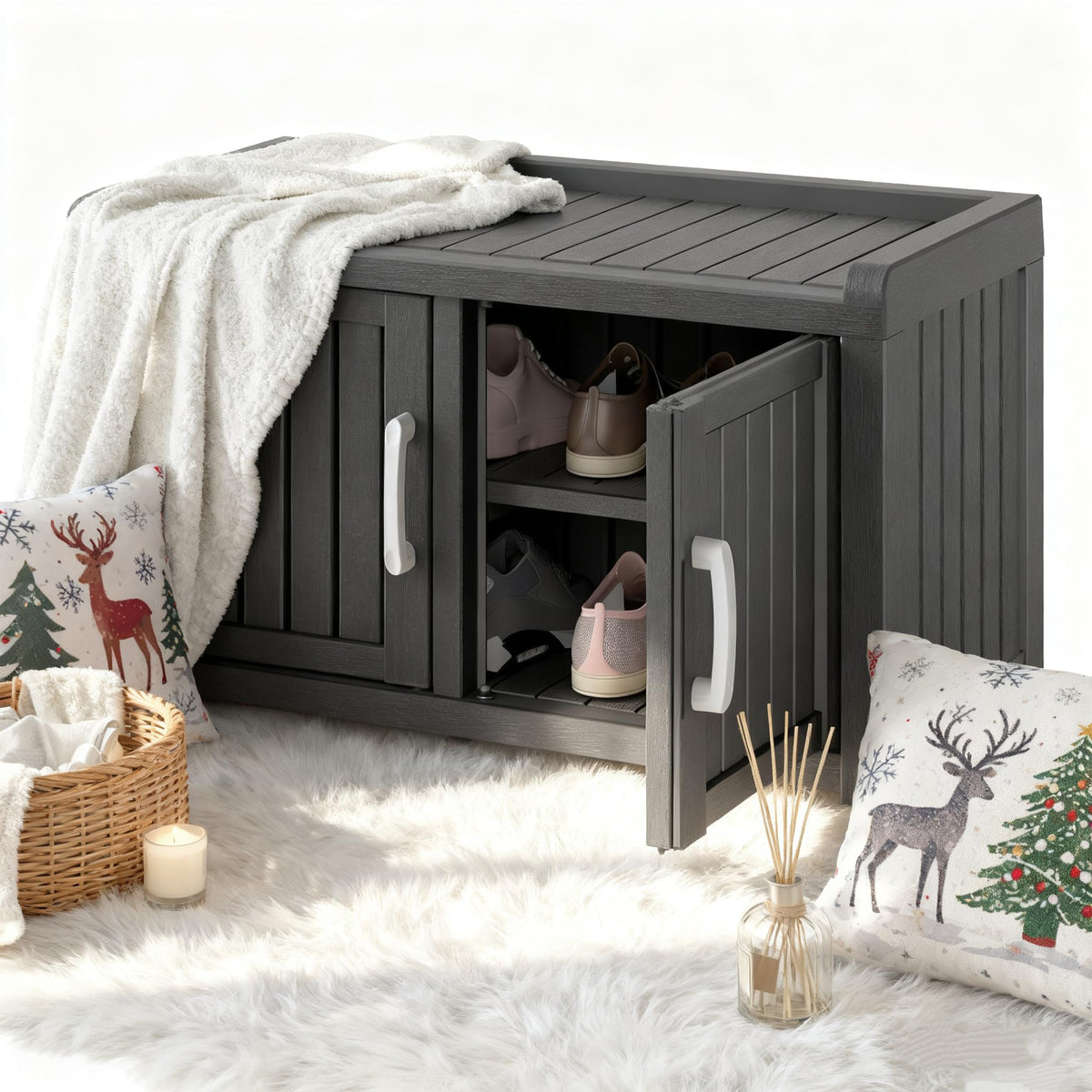 2-Tier Storage Bench, Waterproof UV-Resistant Outdoor Shoe Storage Cabinet with 2 Doors & Adjustable Shelves for Indoor Outdoor Entryway, Hallway, Living Room(Black)