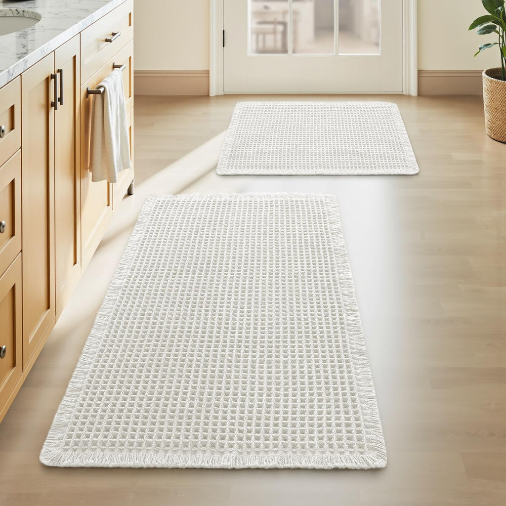 Upgraded Waffle Bath Mat Set of 2 Absorbent Bathroom Mat 18"x30" + 24"x48"