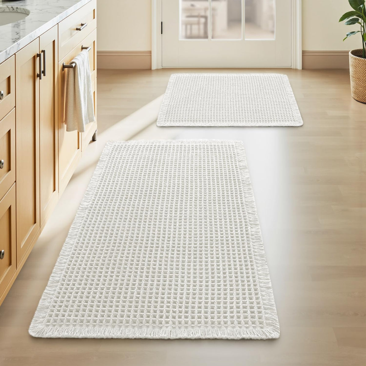 Upgraded Waffle Bath Mat Set of 2 Absorbent Bathroom Mat 18"x30" + 24"x48"
