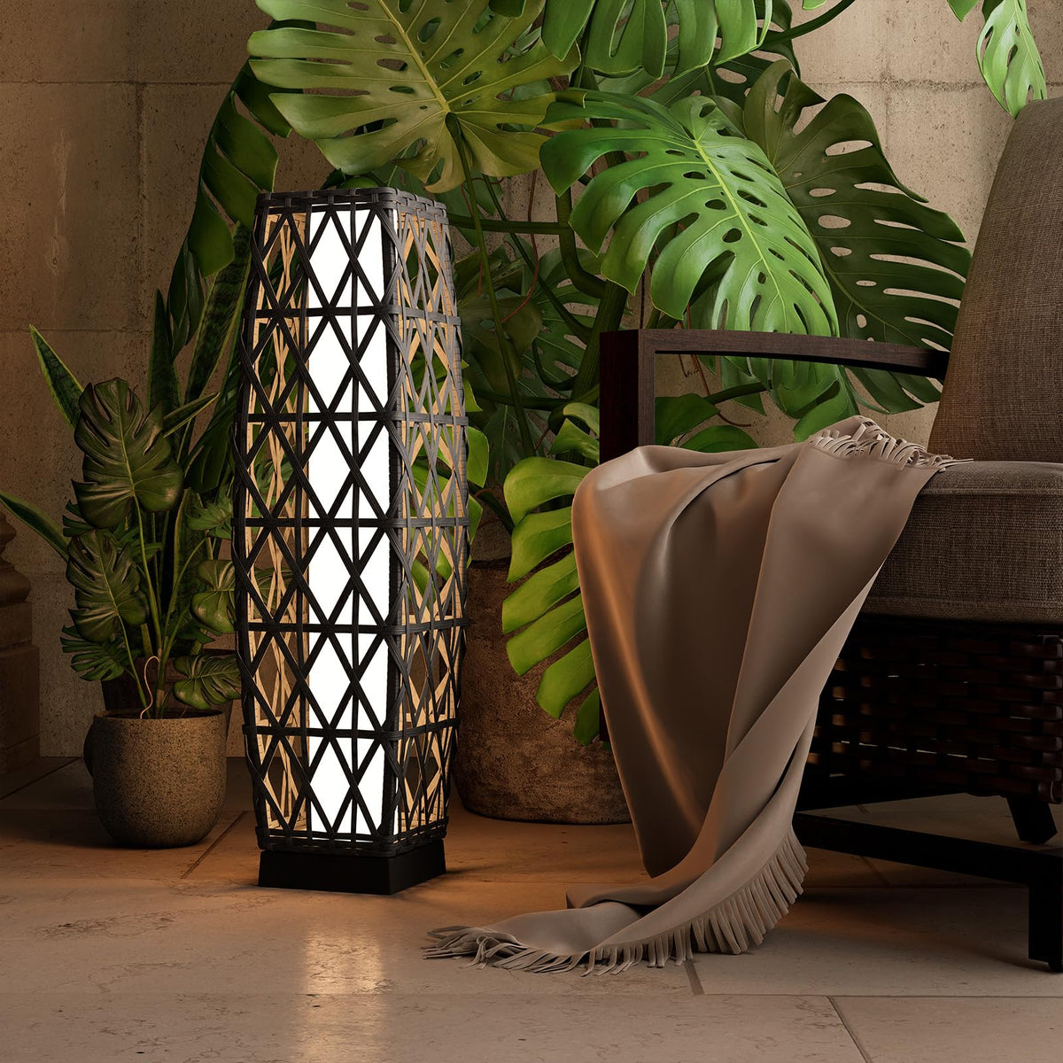 Grand patio 2-Piece Outdoor Floor Lamp Solar Powered Lantern Waterproof Wicker Boho Deck Lights for Garden Porch Decor, Large Crossover
