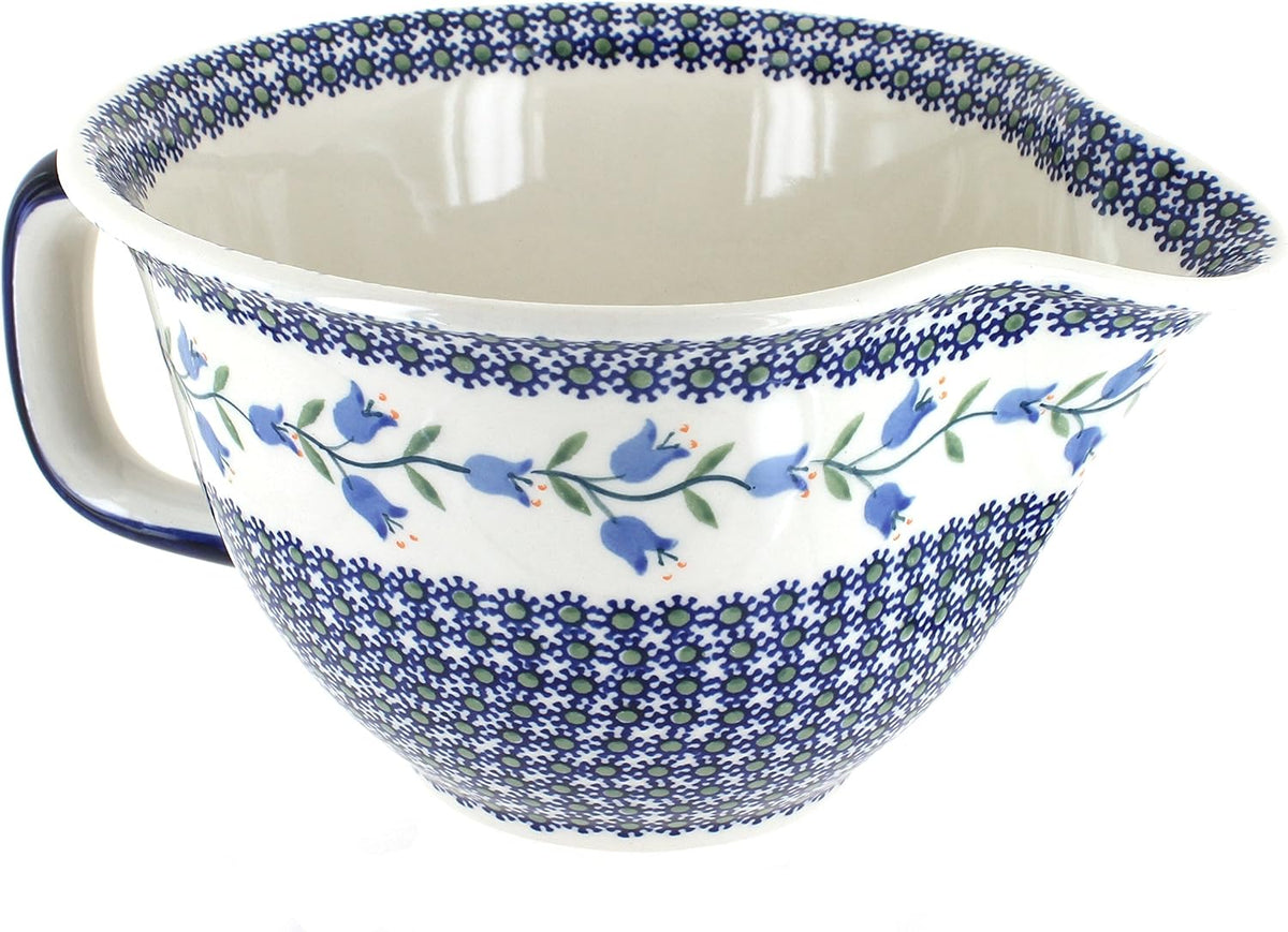 Blue Rose Polish Pottery - Blue Tulip Batter Bowl - 10 Cup Capacity - Hand-Painted Ceramic Mixing & Pouring Bowl with Handle and Spout