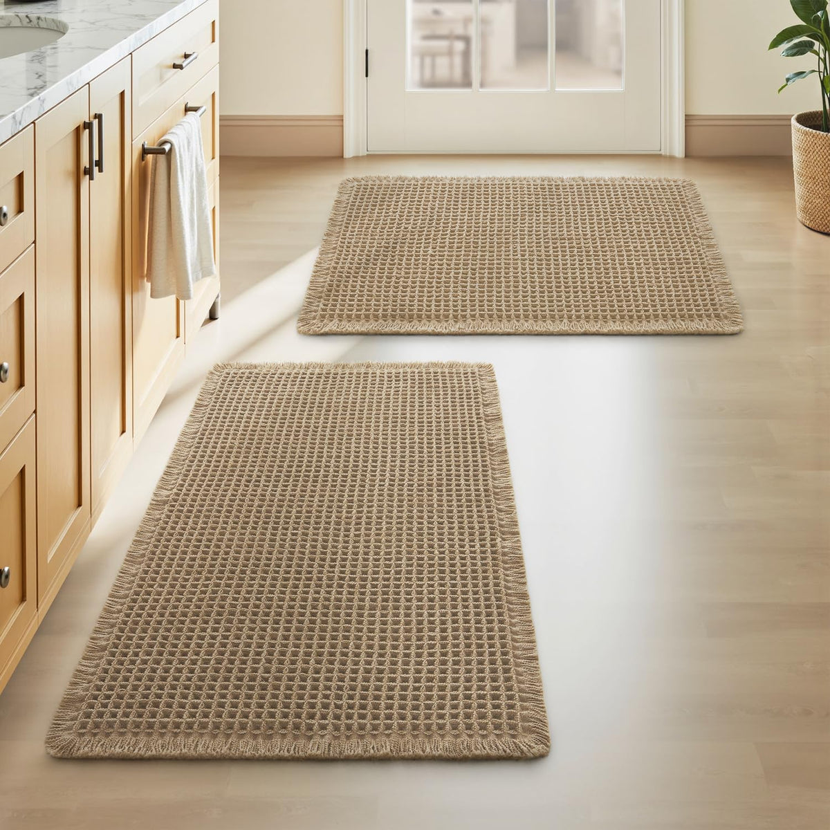 Upgraded Waffle Bath Mat Set of 2 Absorbent Bathroom Mat 18"x30" + 24"x48"