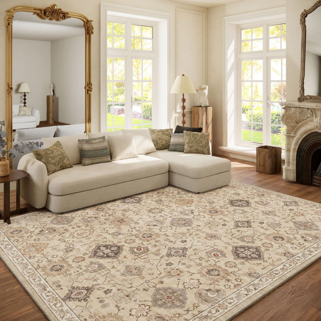 Washable Area Rugs for Living Room: 9x12 Bedroom Rug Boho Vintage Area Rug Stain Resistant Non Slip Low Pile Lightweight Soft Carpets for Dining Room Kitchen Nursery Kids Room Playroom Home Office