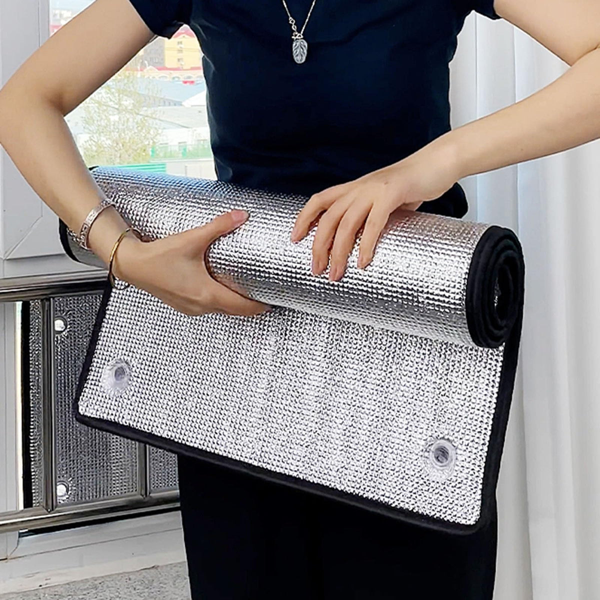 generic Cold Insulation Board Foam Panels to Keep Heat Out, Ceiling/ Wall/ Roof Insulation Roll Foam Film with Grey Edge & Suction Cups, 63'' x 27'' Silver Reflective Aluminum Foil Rv Windows