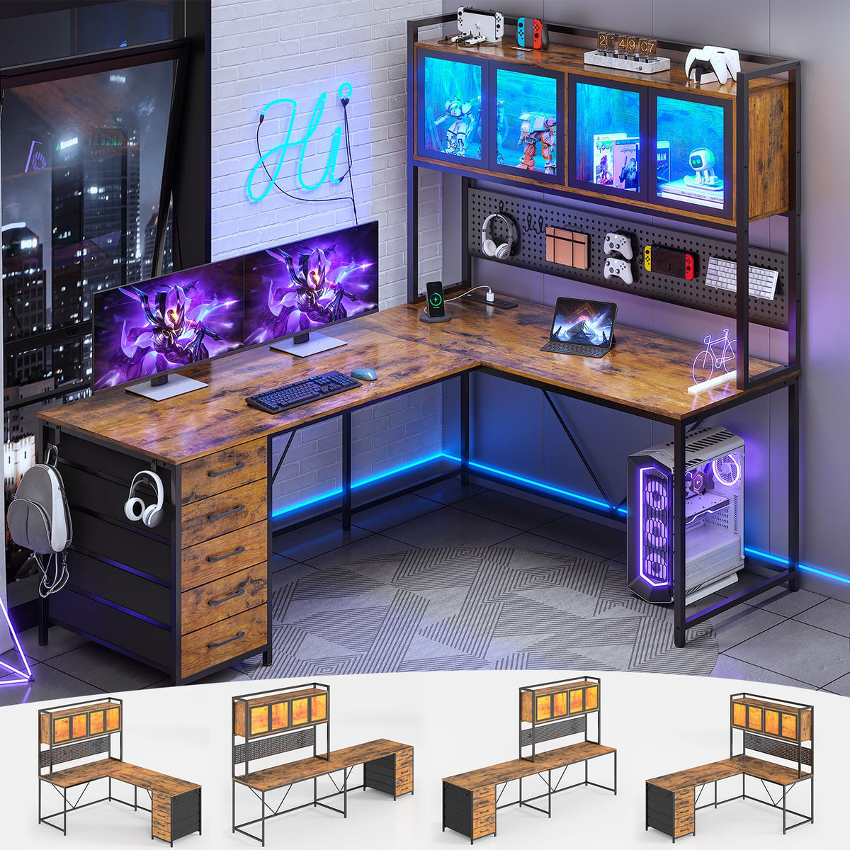 SEDETA L Shaped Gaming Corner Desk with Drawers, Hutch and Storage Shelves
